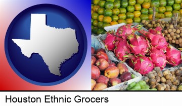 an ethnic fruit market display in Houston, TX