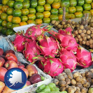 an ethnic fruit market display - with Alaska icon