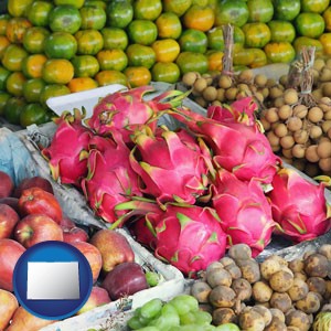 an ethnic fruit market display - with Colorado icon