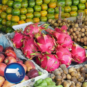 an ethnic fruit market display - with Massachusetts icon