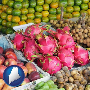 an ethnic fruit market display - with Maine icon