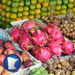 an ethnic fruit market display - with Minnesota icon