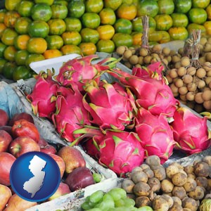 an ethnic fruit market display - with New Jersey icon