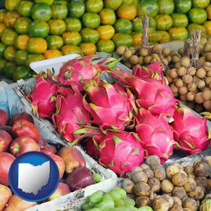 an ethnic fruit market display - with Ohio icon