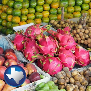 an ethnic fruit market display - with Texas icon